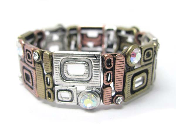 Crystal stud burnish metal art deco stretch bracelet