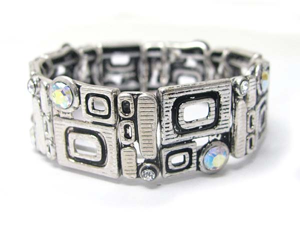 Crystal stud burnish metal art deco stretch bracelet