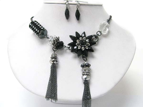 Crystal and facet glass beads flower and tassel dangle necklace earring set