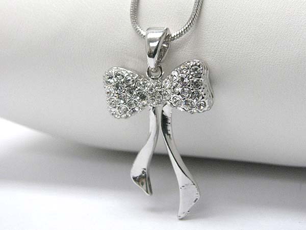 Made in korea whitegold plating crystal stud long tail ribbon pendant necklace