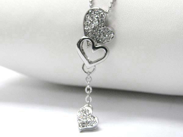 Made in korea whitegold plating crystal stud triple heart drop pendant necklace