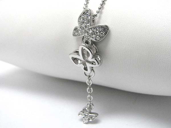 Made in korea whitegold plating crystal stud triple butterfly drop pendant necklace