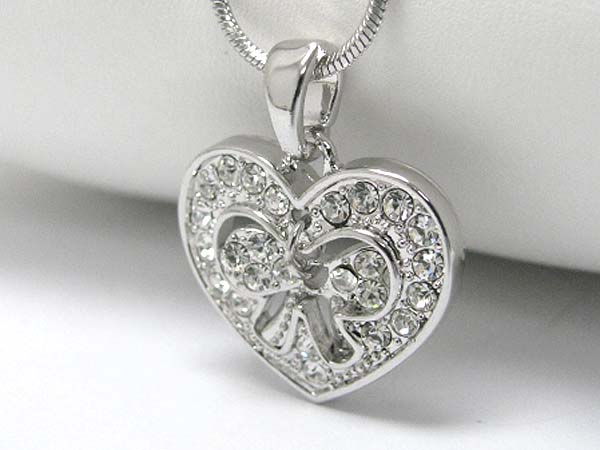 Made in korea whitegold plating crystal stud ribbon cut out heart pendant necklace