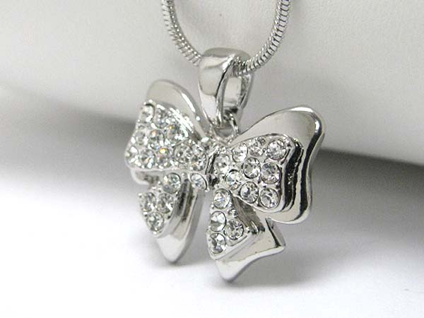 Made in korea whitegold plating crystal stud ribbon pendant necklace