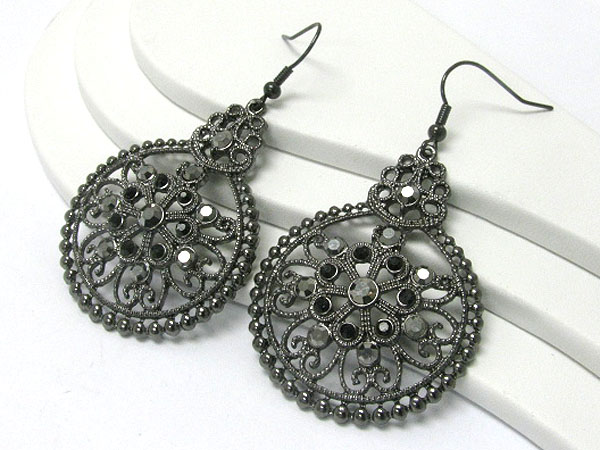 Crystal stud burnish metal filigree round earring