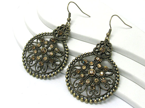 Crystal stud burnish metal filigree round earring