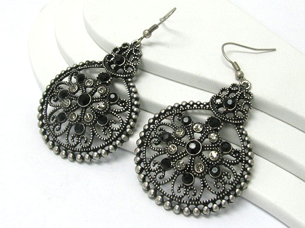 Crystal stud burnish metal filigree round earring