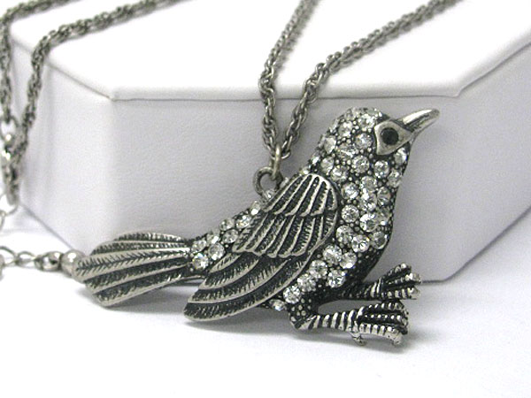 Crystal stud burnish metal bird pendant long necklace