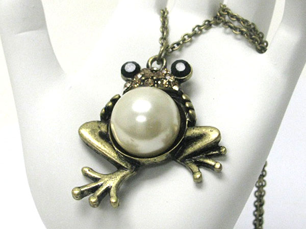 Crystal and pearl burnish metal frog pendant long necklace