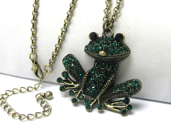 Crystal stud burnish metal frog pendant long necklace