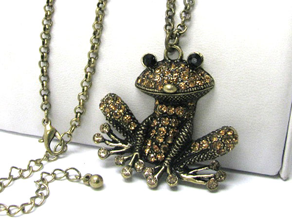 Crystal stud burnish metal frog pendant long necklace