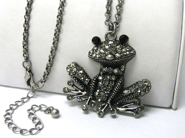 Crystal stud burnish metal frog pendant long necklace