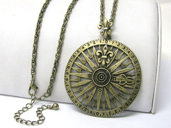 Burnish metal antique round compass pendant long necklace