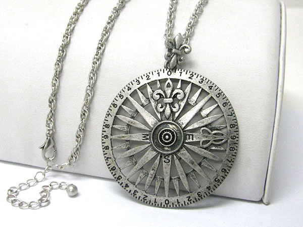 Burnish metal antique round compass pendant long necklace