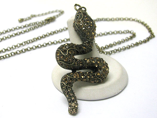 Crystal stud burnish metal snake pendant long necklace