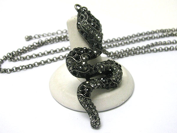 Crystal stud burnish metal snake pendant long necklace