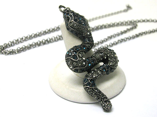 Crystal stud burnish metal snake pendant long necklace