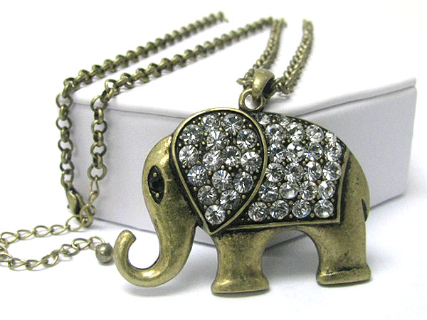 Crystal stud burnish metal elephant pendant long necklace