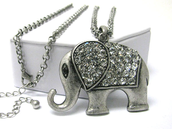 Crystal stud burnish metal elephant pendant long necklace