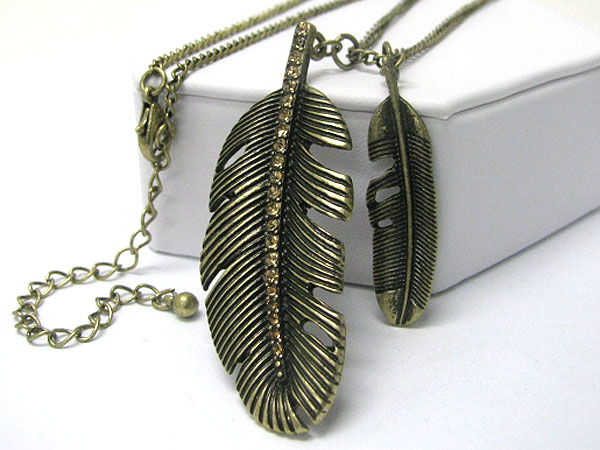 Crystal stud burnish metal two feather pendant long necklace