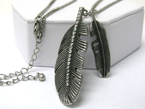 Crystal stud burnish metal two feather pendant long necklace