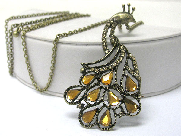 Crystal stud burnish metal peacock pendant long necklace