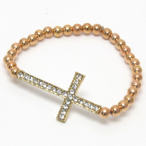 Crystal deco side cross and metallic ball stretch bracelet