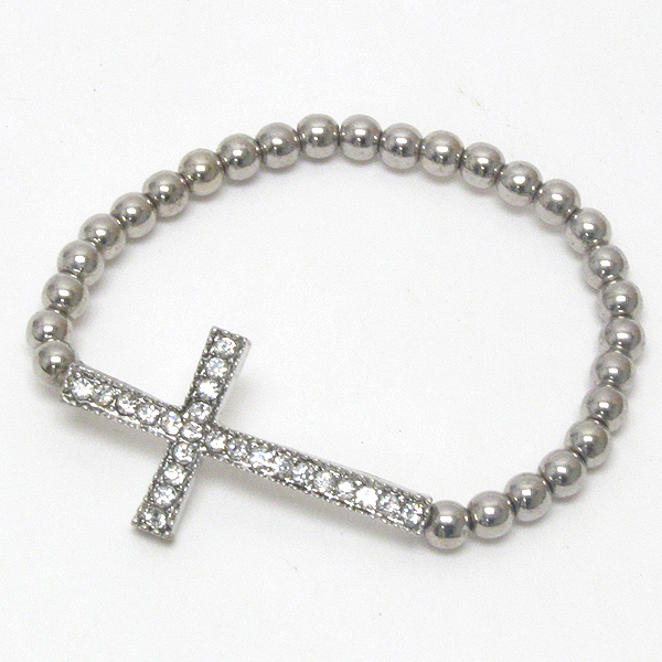 Crystal deco side cross and metallic ball stretch bracelet