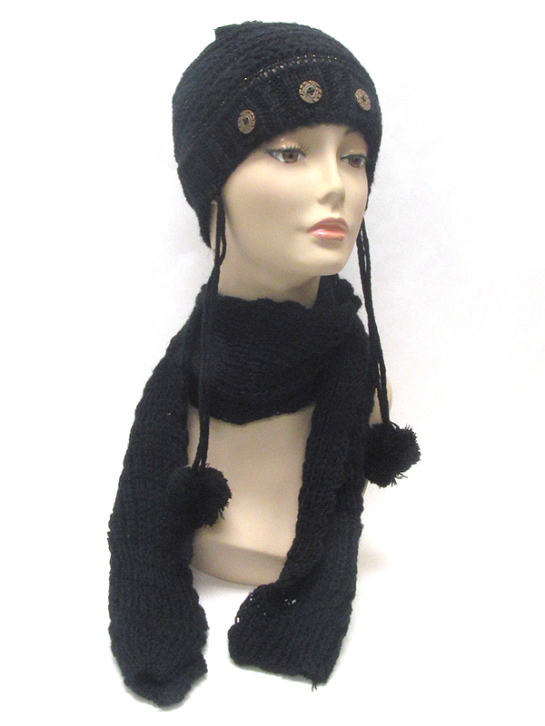 Button and fluffy ball drop knit winter hat and scarf set