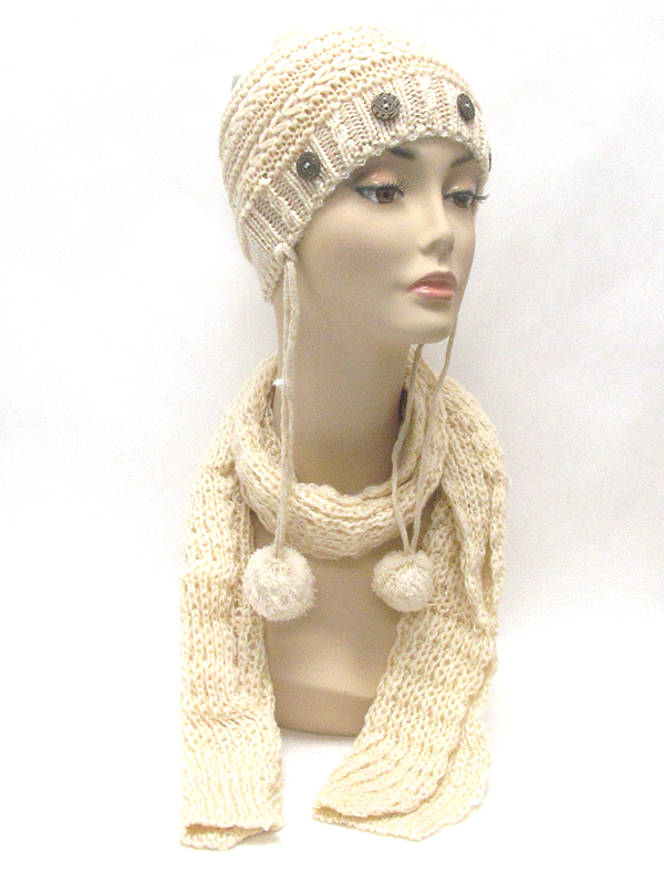 Button and fluffy ball drop knit winter hat and scarf set