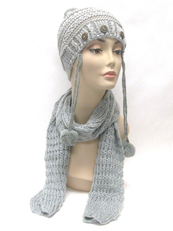 Button and fluffy ball drop knit winter hat and scarf set