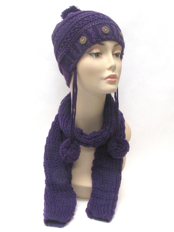 Button and fluffy ball drop knit winter hat and scarf set