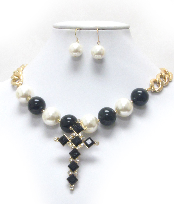 Crystal deco cross and pearl beads and chain back necklace earring set