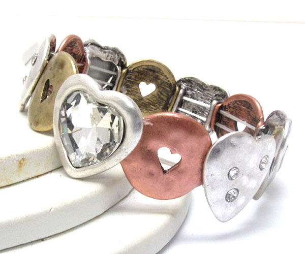 Crystal deco on hammered heart link stretch bracelet