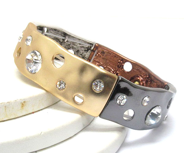 Crystal deco on hammered metal bar link stretch bracelet