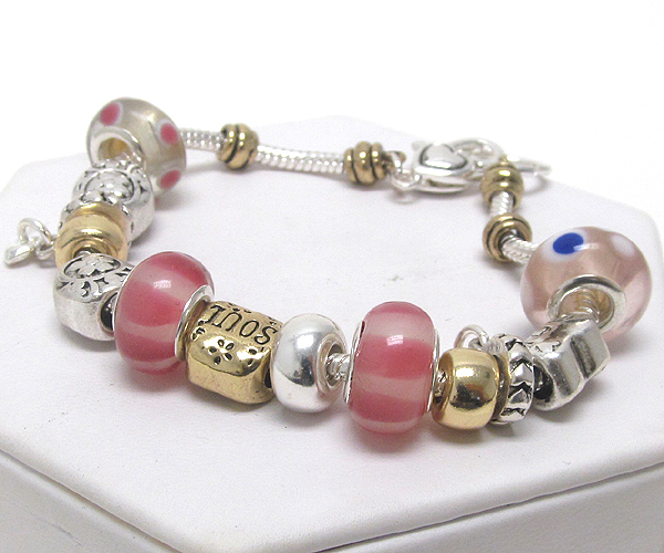 Love and soul theme metal rings and multi murano glass ring link pandora style bracelet