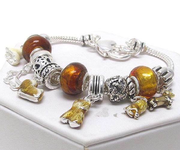 Dogs theme rondell ring and multi murano glass ring link pandora style bracelet