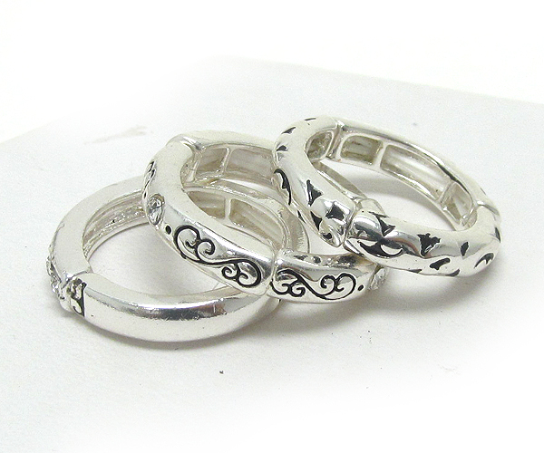 Crystal and metal filigree stackable stretch ring set