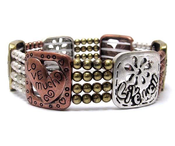 Metal love much,live well theme with metal ball patern stretch bracelet