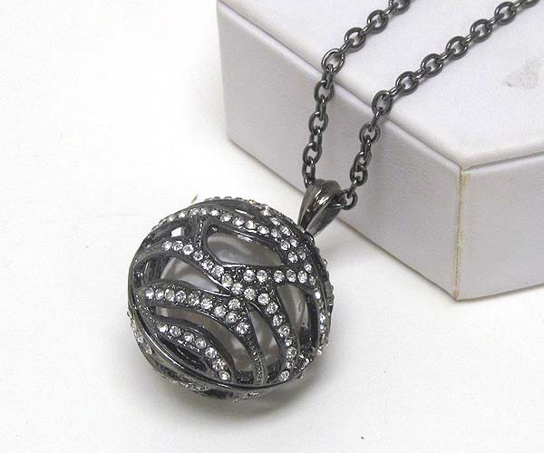 Crystal metal textured ball inside ball pearl long chain necklace