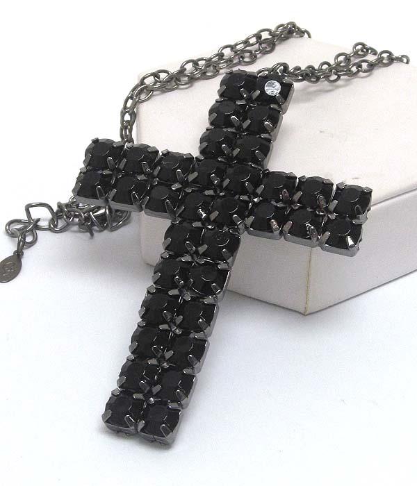 Large double line crystal cross drop long chain necklace