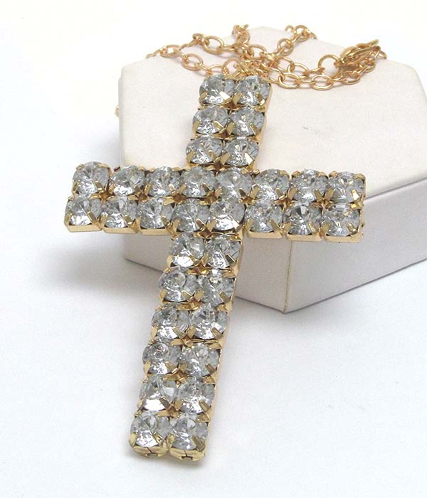 Large double line crystal cross drop long chain necklace