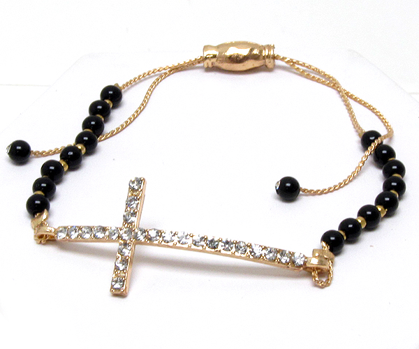 Crystal metal cross with acryl seed beads on braided yarn friendship bracelet