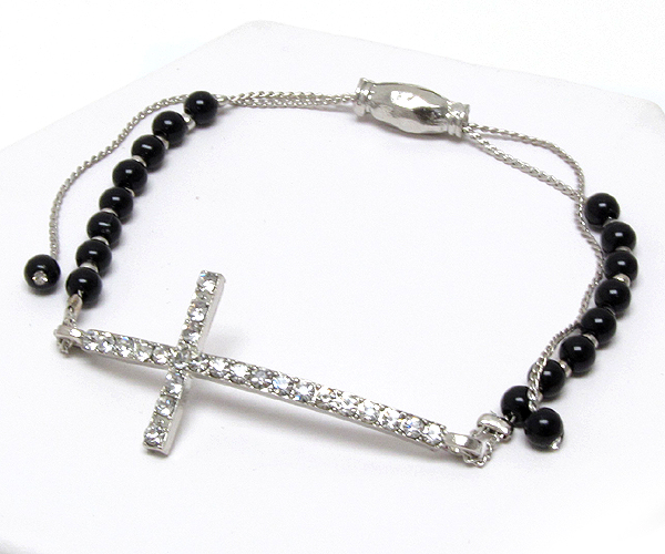 Crystal metal cross with acryl seed beads on braided yarn friendship bracelet