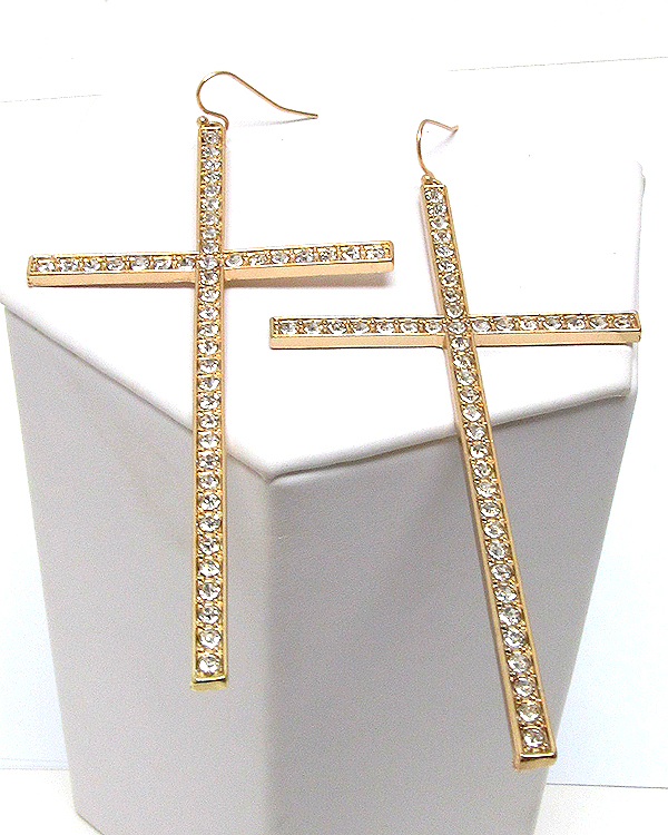 Crystal metal thin and long color cross earring