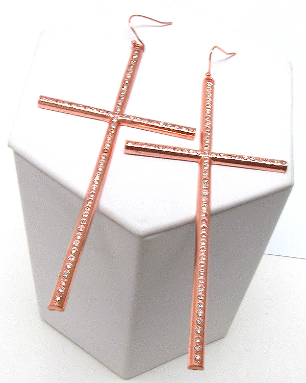 Crystal metal thin and long color cross earring