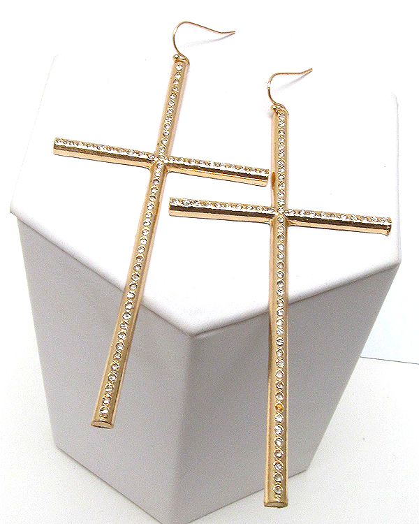 Crystal metal thin and long color cross earring