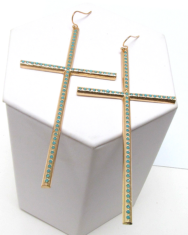 Crystal metal thin and long color cross earring