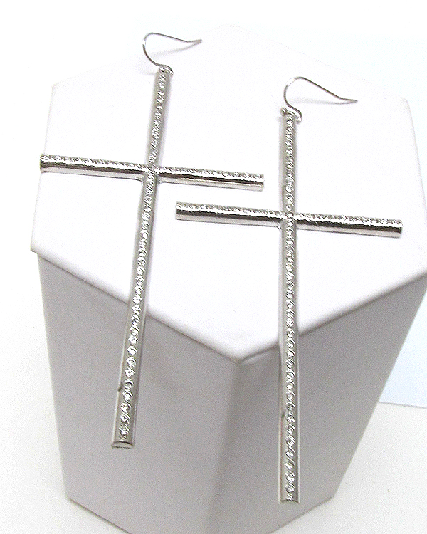 Crystal metal thin and long color cross earring