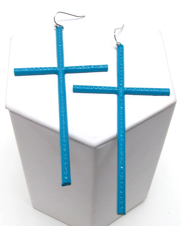 Crystal metal thin and long color cross earring